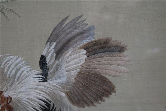 A Japanese embroidered silk picture of cockerels 64 x 82cm